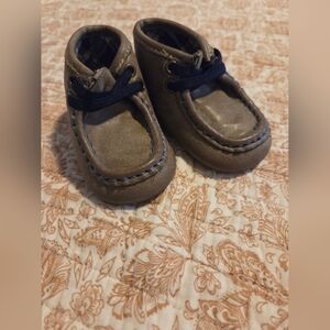 Dbl Barrel Kids Brown Moccasins with Navy Blue Laces